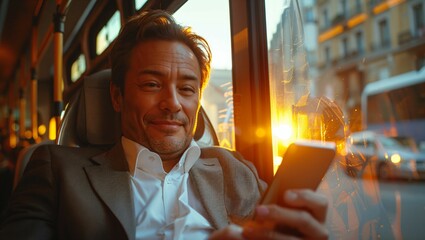 A businessman in a suit uses a smartphone on a bus - obrazy, fototapety, plakaty