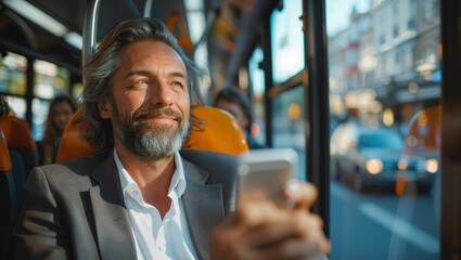 A businessman in a suit uses a smartphone on a bus