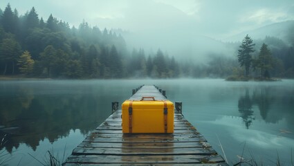 A yellow suitcase was placed in the middle of a wooden bridge by the lake - obrazy, fototapety, plakaty