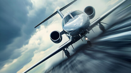 private jet airplane landing on runway - obrazy, fototapety, plakaty