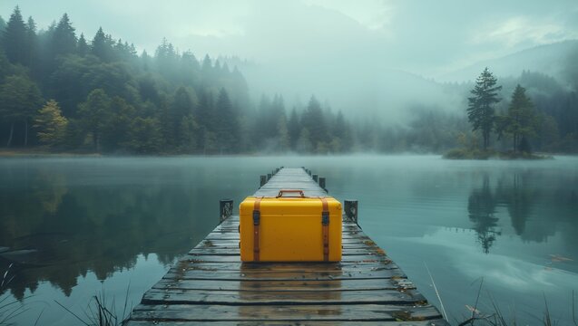 A yellow suitcase was placed in the middle of a wooden bridge by the lake
