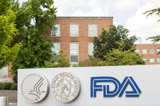 Silver Spring, MD, USA - June 25, 2022: Closeup of the FDA sign seen at its headquarters campus in Silver Spring, Maryland. FDA is a federal agency of the Department of Health and Human Services.