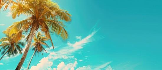 High quality photo of tropical palm trees against a blue sky with a coconut tree, summery background, and ample space for text.