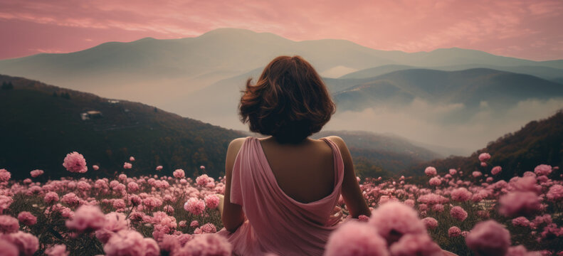 Woman standing amidst pink flowers overlooking misty mountains. Tranquility and nature. Banner.