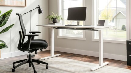 Minimalist Office Workspace with White Desk and Black Swivel Chair AI Generated.