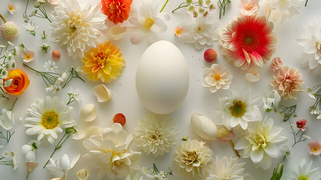 A flawless Easter egg, its glossy sheen catching the light, surrounded by a diverse array of spring flowers arranged in a perfect circle, the high-definition image capturing every intricate.