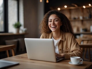 Excited woman winning online, getting new approved job opportunity