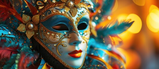 Colorful horizontal ornament of a carnival mask captured in macro image.