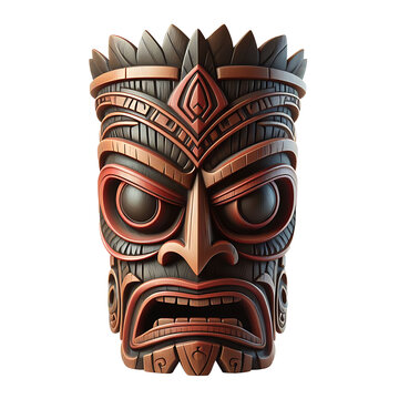 hawaiian Wooden Tiki mask isolated on transparent background, PNG image 