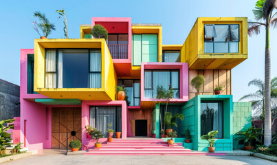 Vibrant Modular Cubic Building Facade.
Brightly coloured cubic architecture of a modern building with a playful design.