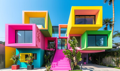 Eclectic Cubic Architecture with Vivid Colors.
An eclectic modern building with a cubic design and a mix of vivid colors against a blue sky.