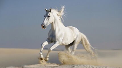 Obraz na płótnie Canvas White stallion running in the sand on a sunny day.