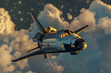 Majestic Space Shuttle Gliding Through a Glowing Starry Sky and Clouds - obrazy, fototapety, plakaty