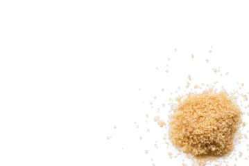 Close-up of a heap of organic raw brown sugar isolated on a transparent background with shadow from above, top view, png