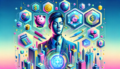 Future-focused finance management with vibrant visuals and holographic interface.