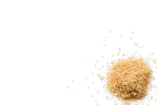 Close-up of a heap of organic raw brown sugar isolated on a transparent background with shadow from above, top view, png