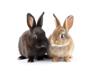 Cute bunnies sitting side by side.  Relaxed two bonded brown and a black rabbits in a row. Easter background or spring concept. Selective focus. White background.