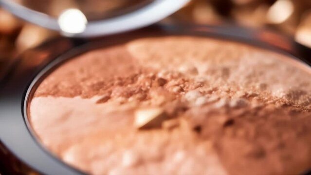 Closeup of a shimmering bronzer palette, containing plantbased, crueltyfree ingredients.