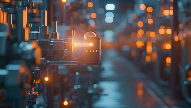 A zoomedin look at the secure data encryption key being generated and transmitted between devices in the factory ensuring safe and confidential information transfer.