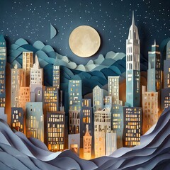 utopic city  with modern building under starry night sky with big moon and ocean waves, paper cut outs