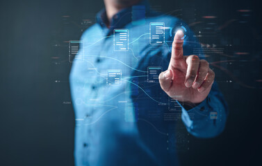 dashboard, database, management, system, technology, information, network, analysis, graph, cloud computing. exposure of professional businessman system analysis design and drawing database table.