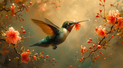 a hummingbird sucking nectar from a blooming flower, dynamic pose - obrazy, fototapety, plakaty
