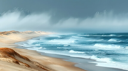  serene seaside landscape, crashing waves, sandy shores, calming, pastel, coastal, tranquil photography