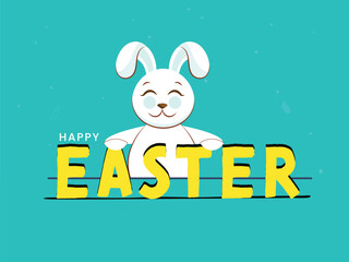 Happy Easter Font with Cute Bunny Cartoon on Light Blue Background.
