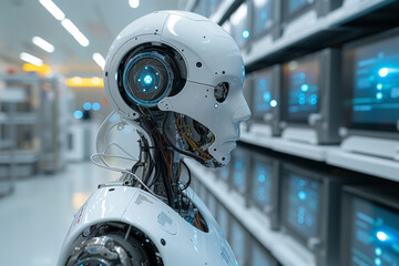 Fototapeta premium The robot controls the monitors in the server room