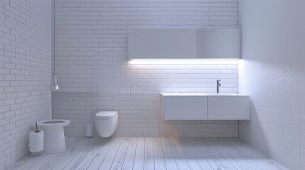 Sleek Bathroom with White Brick Wall & Wall-Mounted Toilet AI Generated.