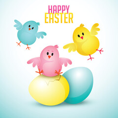 Flying Colorful Cute Chicks Cartoon with Eggs for Happy Easter Concept.