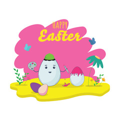 Illustration of Cartoon Eggs Holding Paint Brush With Color Plate, Butterflies on Floral Background For Happy Easter Concept.