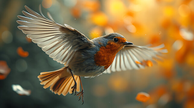 a robin in flight with trees background, dynamic pose