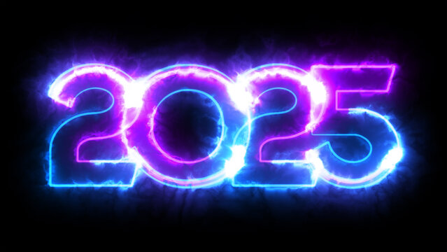 2025 year 3d text on black. Neon bright text Happy New Year 2025. Holiday design for flyer, greeting card, banner, celebration poster, party invitation or calendar.