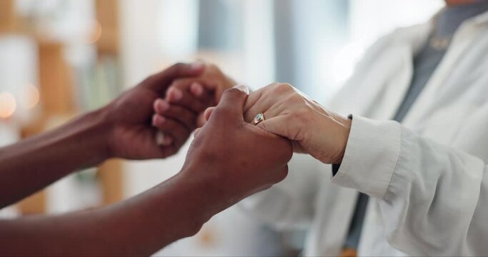 Holding hands, homecare or empathy by caregiver for senior woman in a house with kindness, comfort or support closeup. Hope, recovery or nurse and old person with understanding, trust or compassion