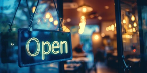 Open sign board hanging on glass door blur restaurant background copy space  - obrazy, fototapety, plakaty