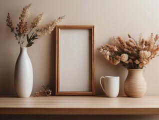wooden picture frame mockup hanging on beige wall background. Boho-shaped vase, dry flowers on table