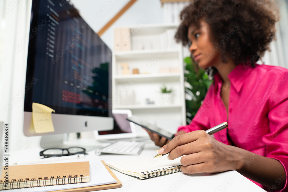 Poster young working african woman creating coding website developer, thinking data information designer at