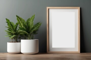 Fototapeta na wymiar Poster mockup with a green plant and wooden frames on white wall
