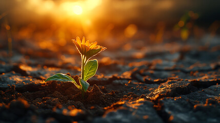 A single seed pushing through cracked, scorched earth towards a shaft of brilliant sunlight