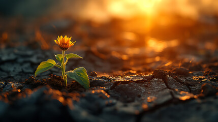 A single seed pushing through cracked, scorched earth towards a shaft of brilliant sunlight - obrazy, fototapety, plakaty