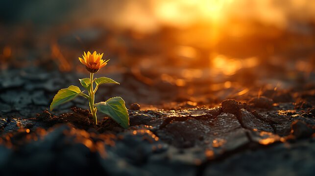 A single seed pushing through cracked, scorched earth towards a shaft of brilliant sunlight
