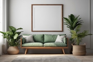 Poster mockup with a green plant and wooden frames on white wall