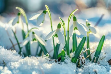 Close up of snowdrop flowers blooming in snow covering. First spring flowers.