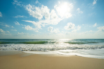 Morning sunrise on white sand sea beach wave tropical forest - obrazy, fototapety, plakaty