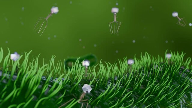 3d animation of bacteriophages that infect and destroy bacteria. Phages scan for specific receptors on bacteria, once attached, they inject their genetic material into the bacterial cell