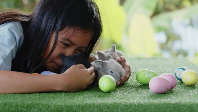 Asian child girl cuddling and kissing her adorable baby bunnies. Slow motion shot of kid love and care her cute rabbits.
