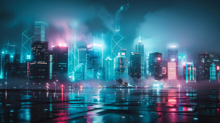 A captivating cyberpunk cityscape skyline at dusk - obrazy, fototapety, plakaty