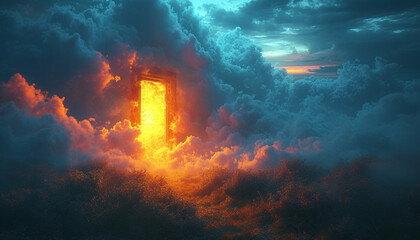 Fantasy landscape with a door in the sky