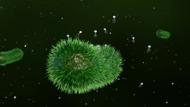3d animation of bacteriophages that infect and destroy bacteria. Phages scan for specific receptors on bacteria, once attached, they inject their genetic material into the bacterial cell